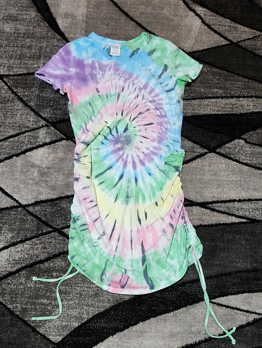 VS PINK 2022 RAINBOW TIE-DYE RUNCHED SIDE SHORT-SLEEVE MINI DRESS